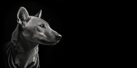 Fototapeta premium Black and white photorealistic studio portrait of an extinct Tasmanian Tiger Thylacine on black background. Generative AI illustration