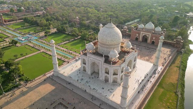 Taj Mahal, India: Aerial view of of iconic monument in city Agra (Uttar Pradesh), famous marble mausoleum on right bank of river Yamuna - landscape panorama of South Asia from above