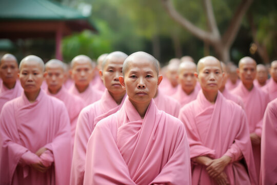Buddhist nuns in pink color robes standing outdoors, front view. Generative AI