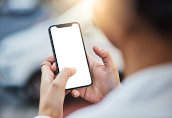 Mockup screen, phone and hands of woman in city for networking, online website and social media ui. Communication, mobile app and female person on smartphone for promotion, copy space and branding