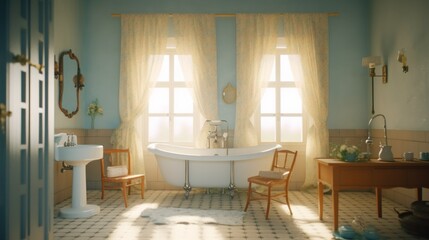 A high-end, spacious bathroom with a large, freestanding bathtub in front of a window, complemented by white towels and cushions. AI-Generated