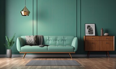 Green mint wall with sofa and sideboard on wood floor interior, generative AI