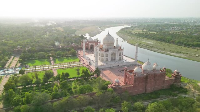 Taj Mahal, India: Aerial view of of iconic monument in city Agra (Uttar Pradesh), famous marble mausoleum on right bank of river Yamuna - landscape panorama of South Asia from above