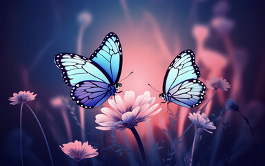 Two butterflies sitting on purple flowers. Generative AI.