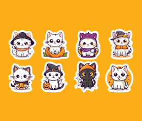 Cute halloween cat in cartoon style. Sticker pack.