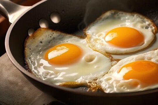 delicious scrambled eggs from three eggs for breakfast in a frying pan, top view