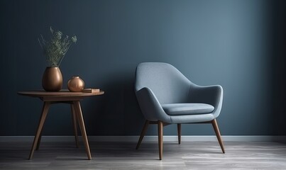 Interior with grey wall blue armchair and wood side table, generative AI