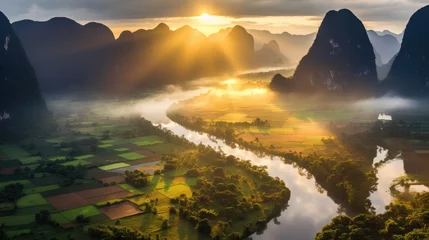 Fototapeten Sunrise Serenity: A Breathtaking Aerial View of a Meandering River Landscape. Generative AI © Sascha