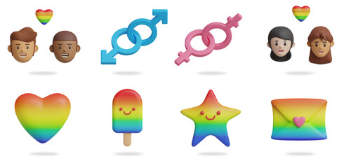 pride day 3D vector icon set.
gay couple,gender symbol gay,gender symbol lesbian,lesbian couple,rainbow heart,popsicle,star,letter