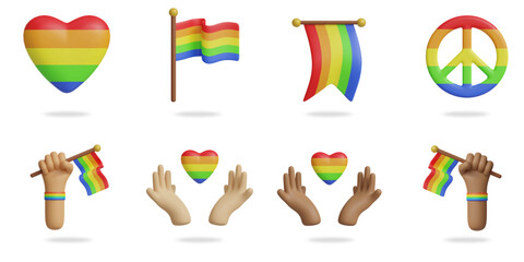 pride day 3D vector icon set.
rainbow heart,LGBTQ flag,peace symbol,hand holding flag,hand holding heart