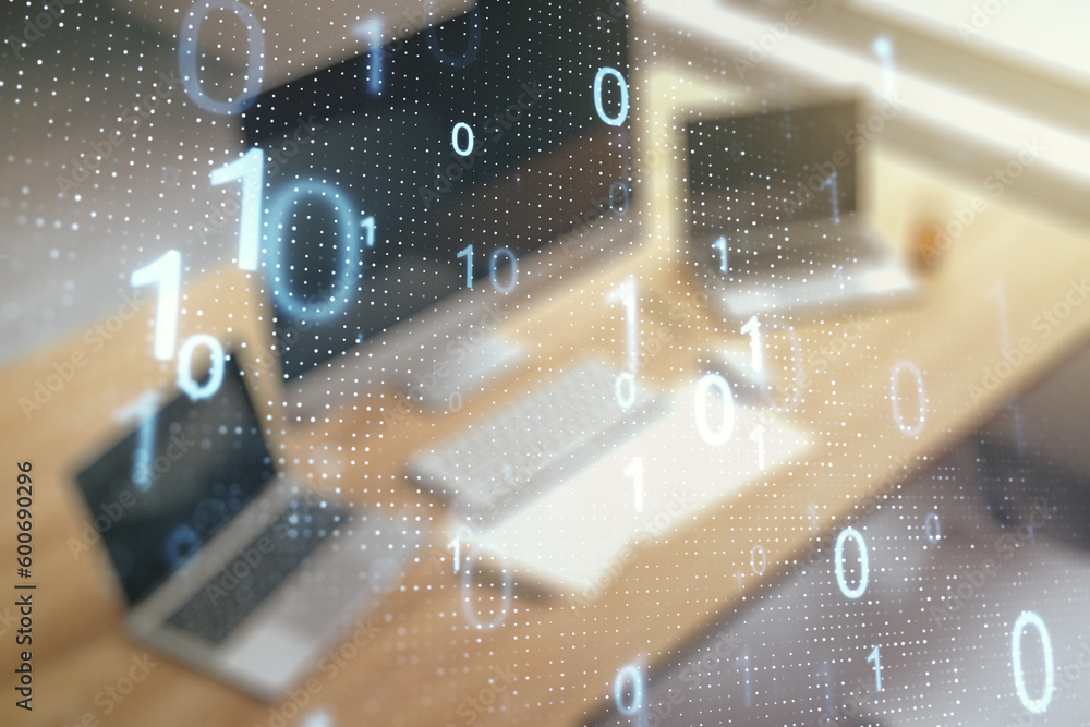 Leinwandbilder creative abstract binary code sketch and modern desk with computer on background, hacking and matrix
