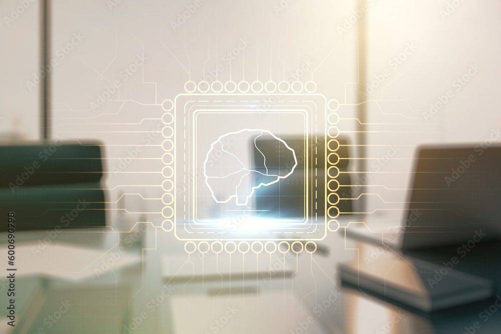 Poster double exposure of creative artificial intelligence symbol and modern desktop with laptop on backgro