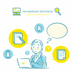 パソコンでエントリーシートを記入する就活中の女性　シンプルでお洒落な線画イラスト