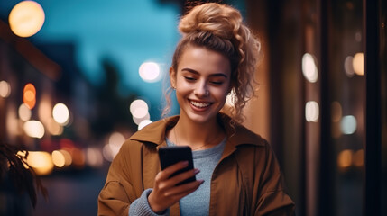 Beautiful woman smiling with looking at the mobile outdoors with the city in the background. generate by ai