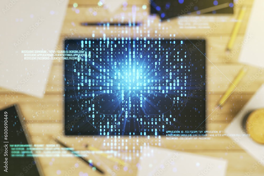 Poster double exposure of creative code skull hologram and digital tablet on background, top view. malware 