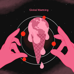 Conceptual Illustration on Global Warming - Melting Earth and Space Planets like Ice Cream