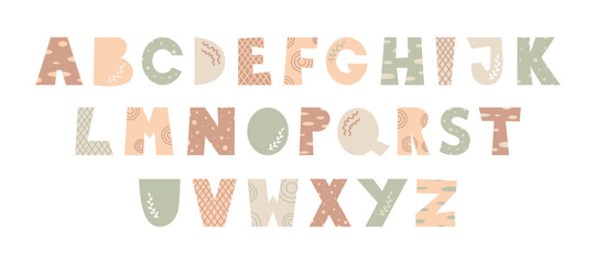 Alphabet in Scandinavian Style in Pastel Colors. Cartoon Vector Illustration. Boho Style Lettering. Font for Nursery, Education and Posters.