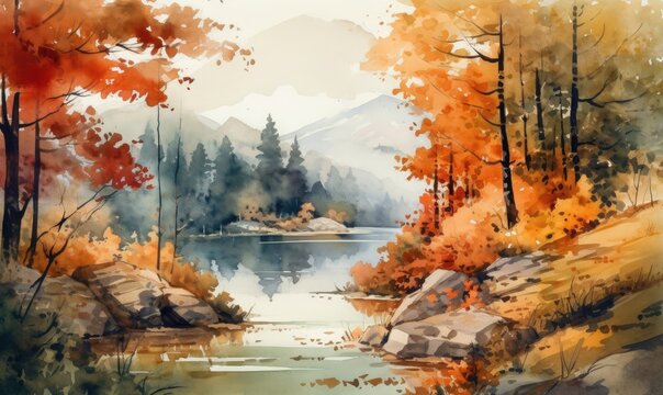 Mountains, forests, and a lake in a watercolor scene, Autumn landscape, generative AI