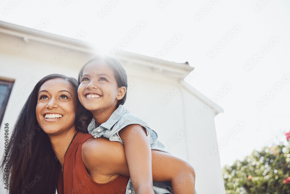 Poster Love, piggyback and happy mother playing with her child in the garden of the backyard of their home. Happiness, smile and young woman or mom having fun with her girl kid outdoor of their family house