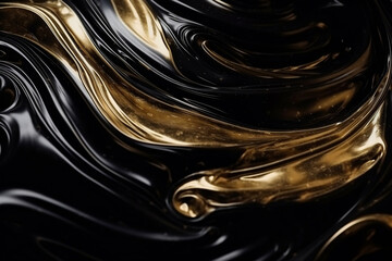 Abstract swirl of glossy black and gold material as artistic background generative ai