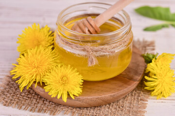 Obraz na płótnie Canvas Fresh honey from spring dandelions in a jar. Close-up. 
