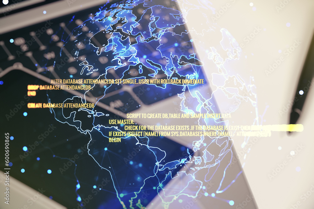 Poster multi exposure of abstract software development hologram with world map on laptop background, global