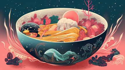 euphoria dreamy aura atmosphere, collage illustration style, ramen noodle bowl in surreal imagine dream atmosphere, Generative Ai