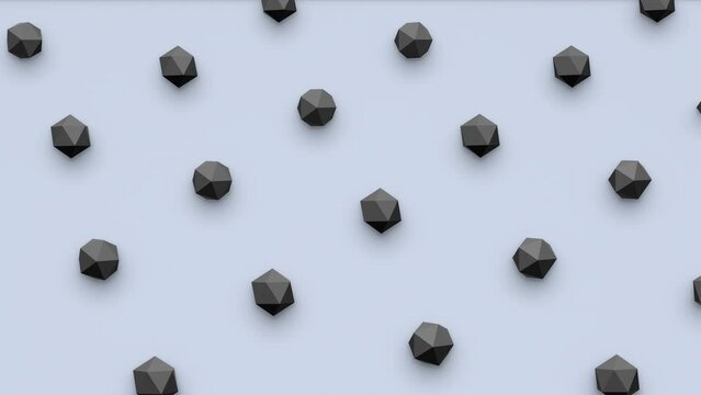 Futuristic 3d render of polyhedral shapes seamless moving in isometric view on light blue background. Computer generated loop animation. 4K seamless motion design