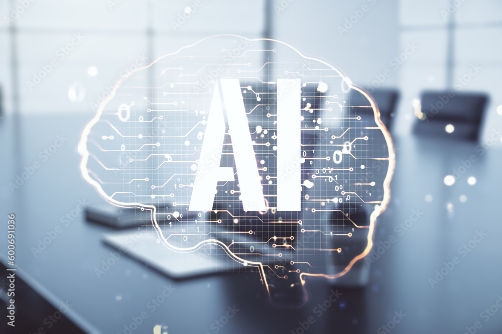 Poster double exposure of creative human brain microcircuit with computer on background. future technology 