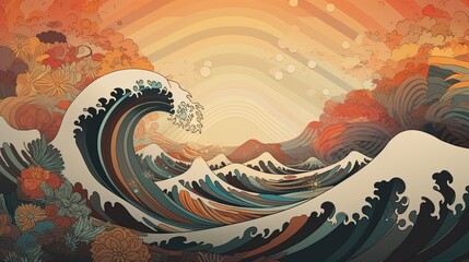 euphoria dreamy aura atmosphere, collage illustration style of big Japanese wave in dreamy atmosphere, Generative A