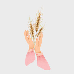 Female hands holding wheat as a symbol of Global hunger and food crisis. Grain harvest illustration