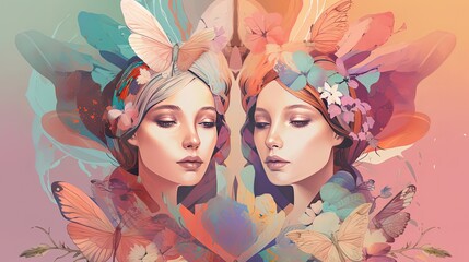 euphoria dreamy aura atmosphere, collage illustration style of two angel in dreamy atmosphere, Generative Ai