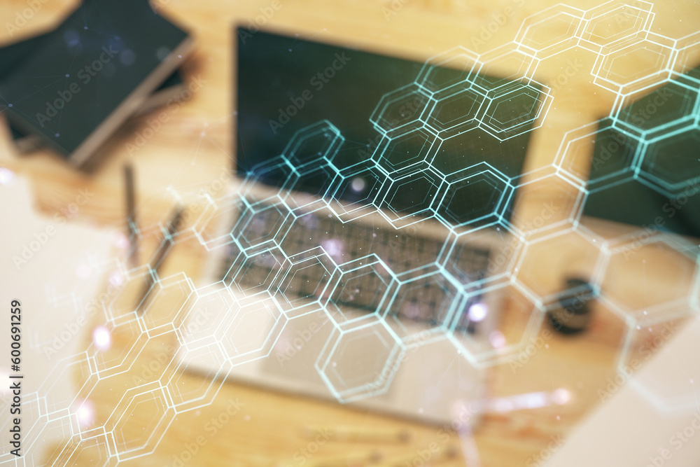 Poster creative concept of wireless technology with hexagon hologram on modern laptop background. big data 