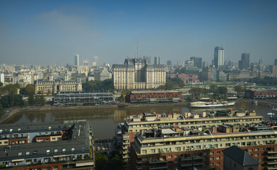 Buenos Aires from above. Beautiful wide angle landscape with the city landmarks from Buenos Aires during a sunny day. Travel to Argentina.