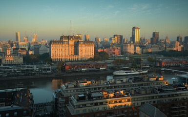 Buenos Aires from above. Beautiful wide angle landscape with the city landmarks from Buenos Aires during a sunny day. Travel to Argentina.