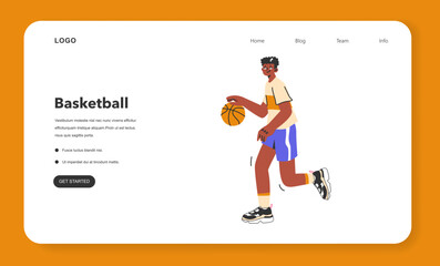 Basketball game web banner or landing page. Team players during the game