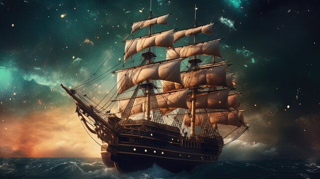 illustration of ancient big pirate ship sailing under starfield, Generative Ai