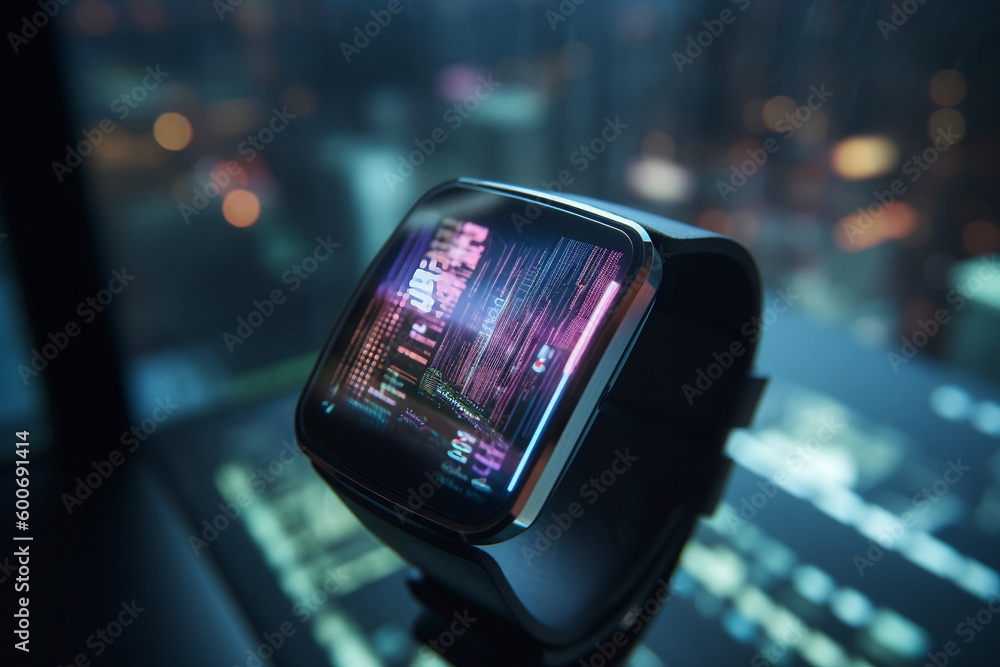 Poster android watches projection of virtual data in futuristic city generative ai