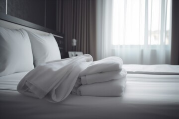Fototapeta na wymiar luxury fresh room service white resort towel bed home hotel. Generative AI.