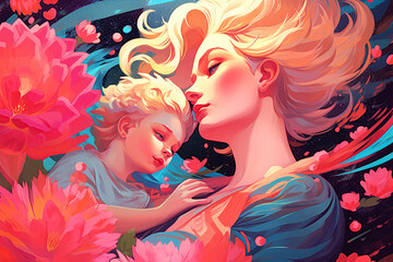 Illustration for Mother's Day. The embrace of mother and child in a divine glow. Generative AI.