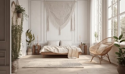 The interior of the bedroom is in boho style, generative AI