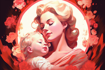 Illustration for Mother's Day. Tender embraces of mother and child in divine light. Generative AI.