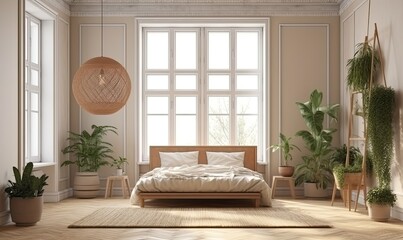 The interior of the bedroom is in boho style, generative AI
