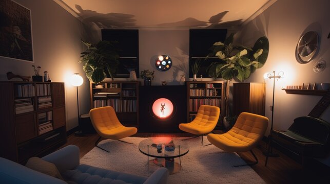 A small and intimate living room with a crackling fireplace generative ai