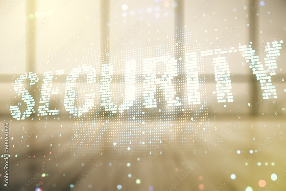 Poster virtual cyber security creative concept on abstract empty interior background. double exposure