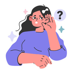 Hearing loss concept. Young female character with hearing system