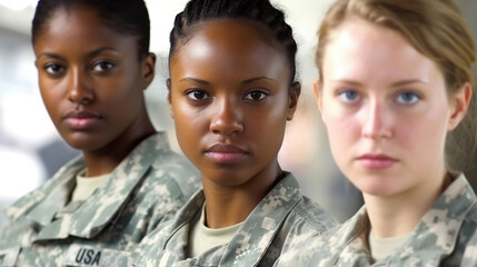 Army soldiers portrait, close up us army troop - inclusivity, diversity, young generation, women, generative ai