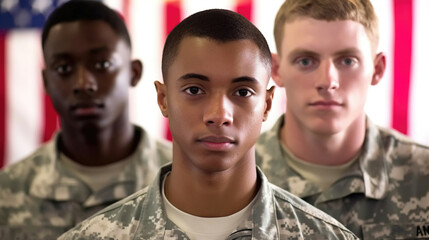 Army soldiers portrait, close up us army troop - inclusivity, diversity, young generation, american flag, generative ai