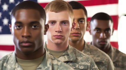 Fototapeta premium Army soldiers portrait, close up us army troop - inclusivity, diversity, young generation, american flag, generative ai