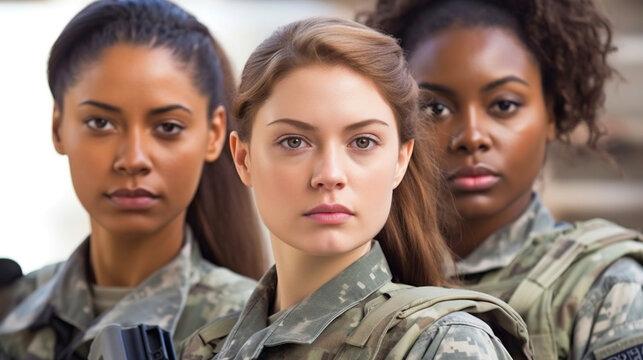 Army soldiers portrait, close up us army troop - inclusivity, diversity, young generation, women, generative ai